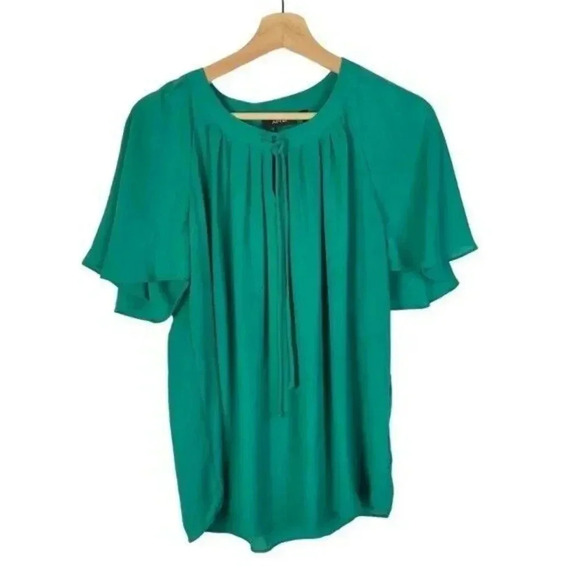 Apt. 9 Green Short Ruffle Sleeve Tie Neck Blouse S - Picture 1 of 4